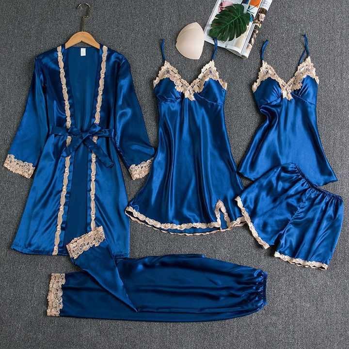 New Style Satin Five-Piece Pajama Set Golden Flower Pattern Sexy Chest Pad Silk Sling Foreign Trade for Home Use