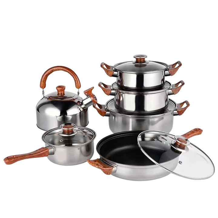 Stay-Cool Handle Induction Pots Pans Set with Lids Compatible for Family Meals 12Pcs Stainless Steel Induction Cookware Set