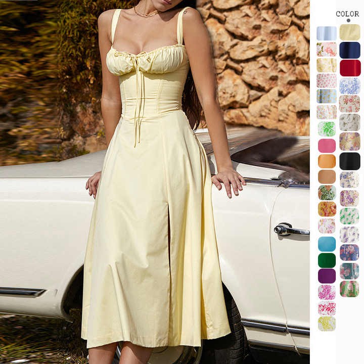 Women's Summer Elegant Casual Spaghetti Strap Dress Side Slit Sexy Party Dresses